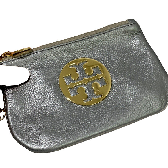 Tory Burch Silvery Gray Metallic Leather Wristlet Wallet Pouch Detachable Chain - Picture 4 of 8